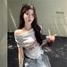 One-word Neck Short-sleeved Slim-fit T-shirt For Women's 2025 Summer Letter-printed Thin Spice Girl Versatile Short Off-the-shoulder Top_ecoleips.com