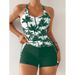 Tankini Two Piece Swimsuit For Women Conservative Shorts Coconut Tree Print Drawstring European American Style Bikini Set_ecoleips.com