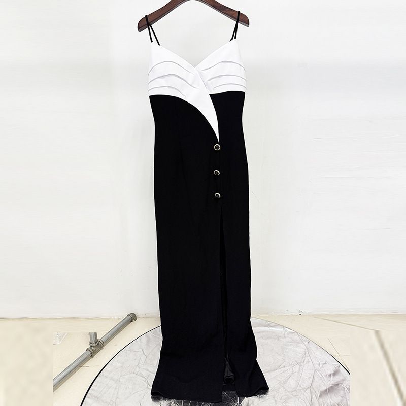 Women's Clothing Celebrity Fashion Black And White Color Matching Sling Slit Long Dress Floor Length Dress_ecoleips.com