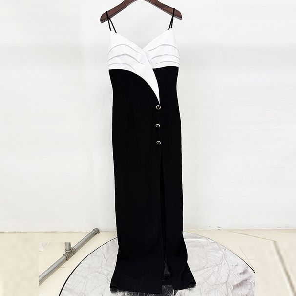Women's Clothing Celebrity Fashion Black And White Color Matching Sling Slit Long Dress Floor Length Dress_ecoleips.com