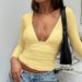 Women's Slimming Long Sleeve T-Shirt V Neck Solid Color European American Style Fashion Street Style Sexy Hot Girl Pleated Waist_ecoleips.com