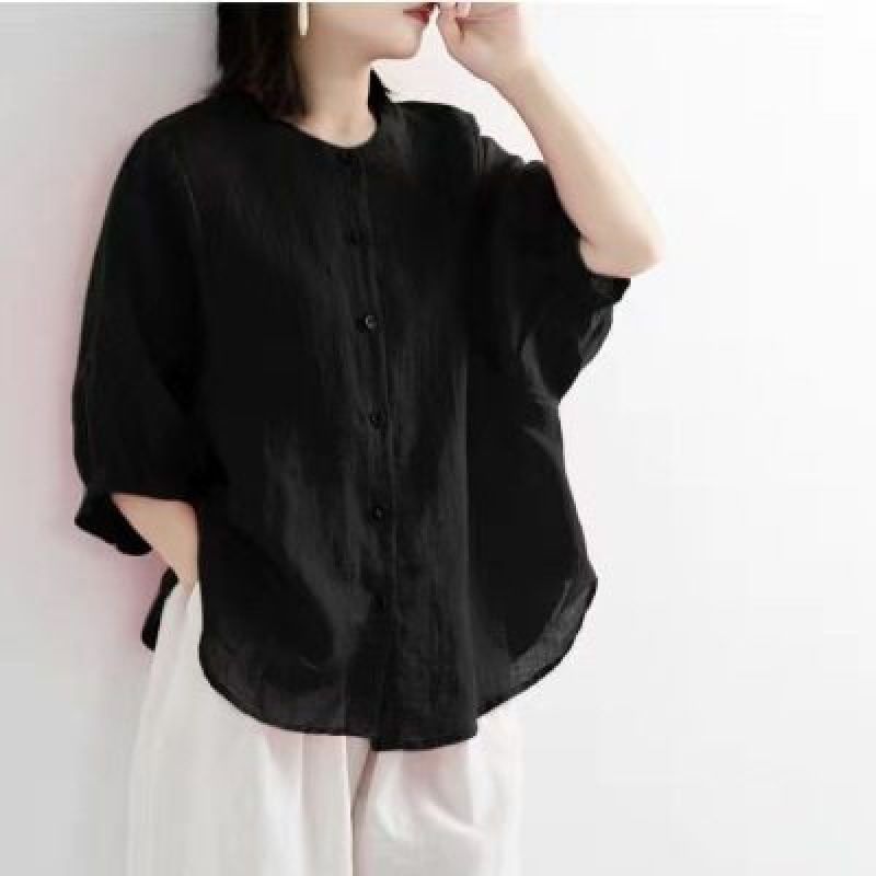 Summer Cotton And Linen Shirt For Women, With Lantern Sleeves, Retro Artistic Design, Loose Fit, Large Size, And Lined U_ecoleips.com