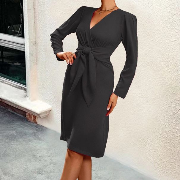 Women's Fashion Mid‑Length Dress Long Sleeve Pullover V‑Neck Zip Closure Solid Color Belted Waist Casual Daily Wear_ecoleips.com