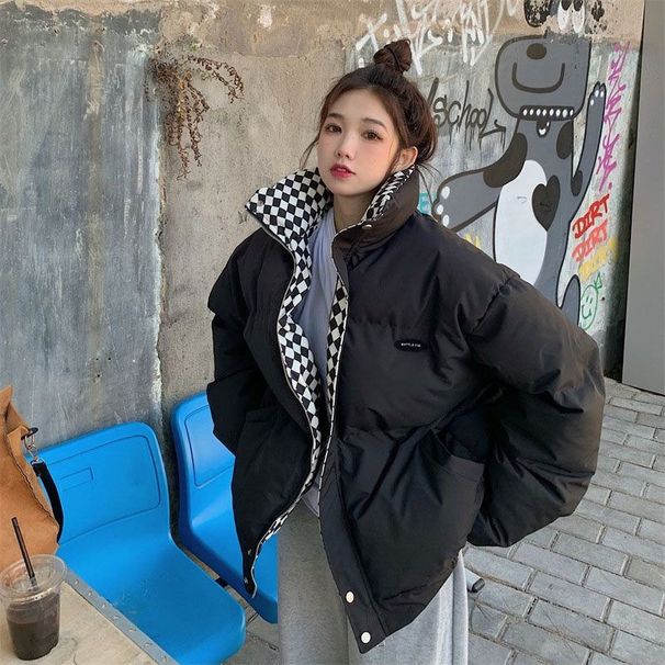 K Chessboard Patterned Cotton Jacket For Women, Retro Thick Loose Bread Jacket, Niche Design Cotton Jacket_ecoleips.com