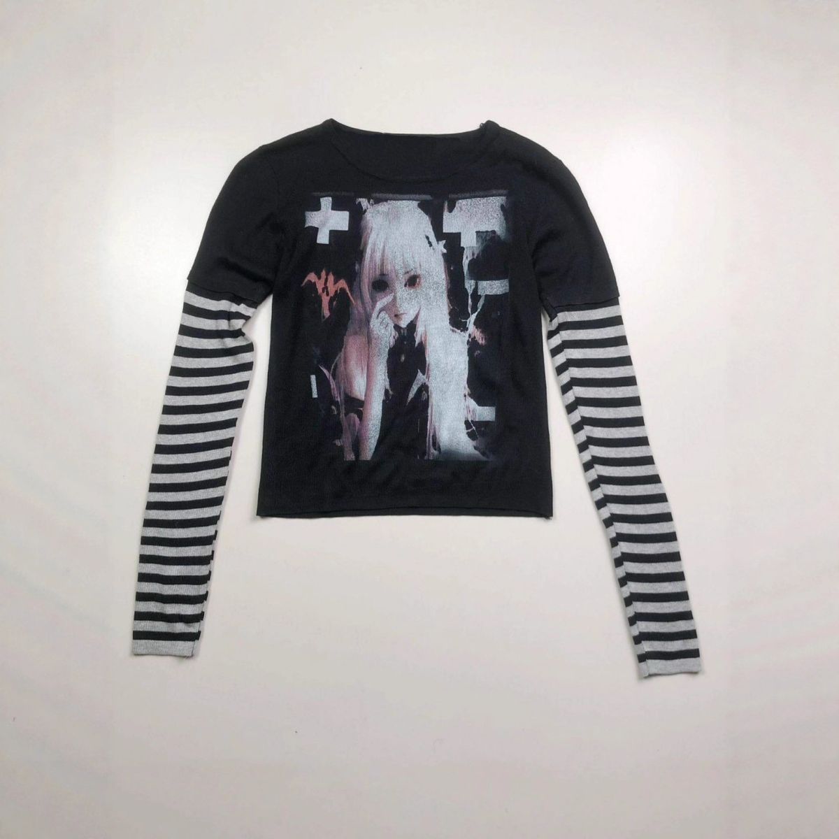 Women's Elegant Slim Fit round Neck Top Black And White Striped Patchwork Anime Cartoon Print Gothic Style New Stylish_ecoleips.com