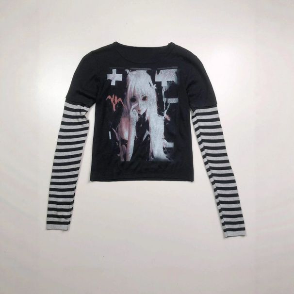Women's Elegant Slim Fit round Neck Top Black And White Striped Patchwork Anime Cartoon Print Gothic Style New Stylish_ecoleips.com