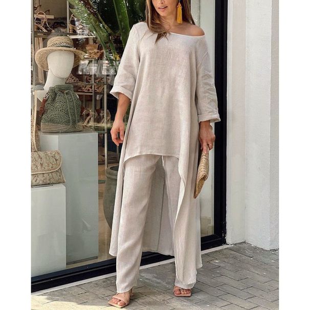 Women's Large Size Two Piece Set Long Sleeved Fashion Casual Suit Cotton And Linen Wide Leg Pants_ecoleips.com