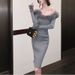 Winter Dress Sexy Slim Fit Wrap Hip Knitted Dress Off Shoulder Black Evening Dress Fashion Plush Party Prom Dress Women_ecoleips.com