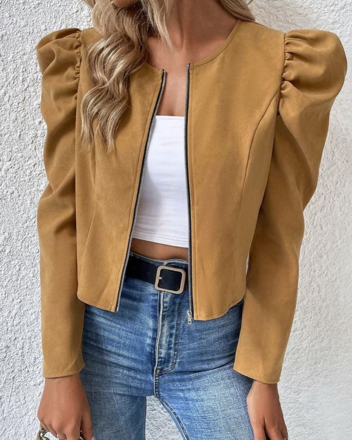 Women's Clothing Women's Solid Color Round Neck Open Cardigan Zipper Bubble Long Sleeve Jacket Style For Spring Autumn_ecoleips.com