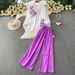 Women's French Style Printed Shirt V Neck Single Breasted Loose Chiffon Top Breathable Casual Two Piece Set_ecoleips.com