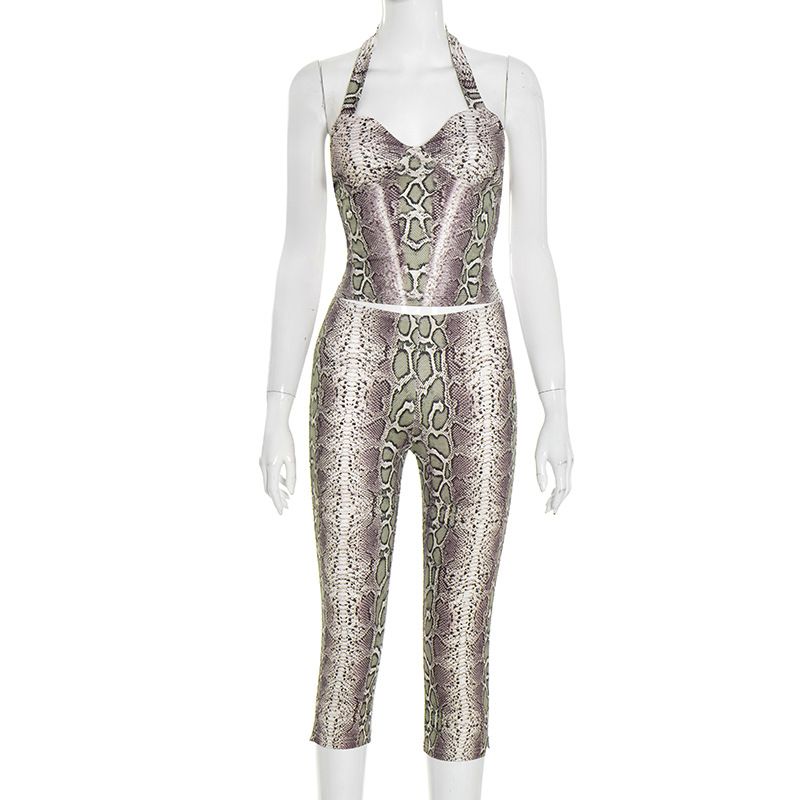 European And American Women's Snake Print Halter Neck Sleeveless Top And Slim Fit Trousers Set C25ST208 Autumn New Cross Border_ecoleips.com