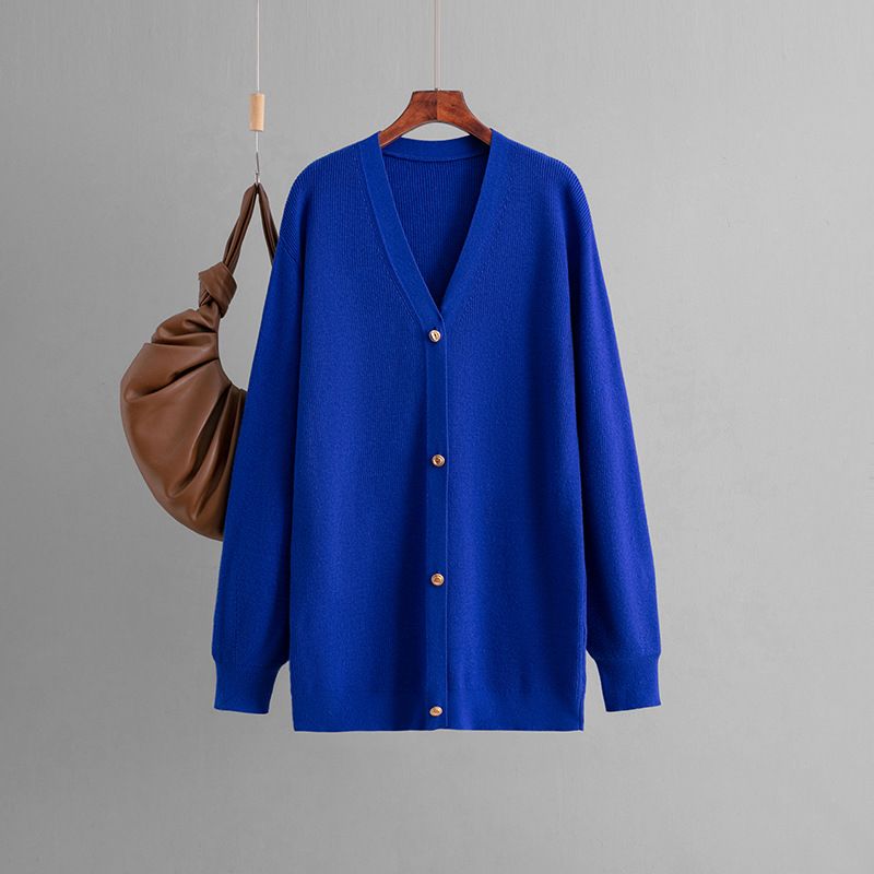 V-neck Knitted Cardigan Autumn Winter Solid Color Loose Mid-length Sweater Coat Top For Women_ecoleips.com