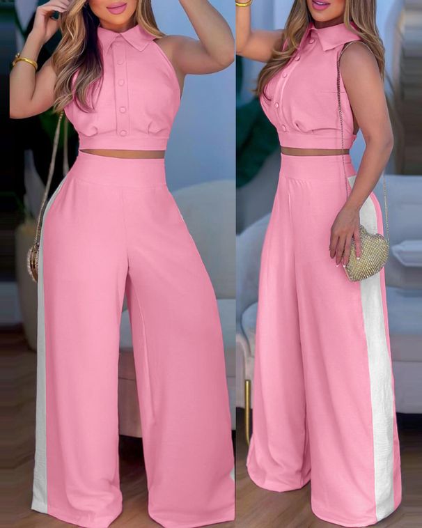 Women's Solid Color Button Top & Wide Leg Trousers Suit - European & American Fashion, Casual Office Outfit_ecoleips.com