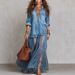 Women's Retro Lapel Faux Denim Long Dress With Pockets_ecoleips.com