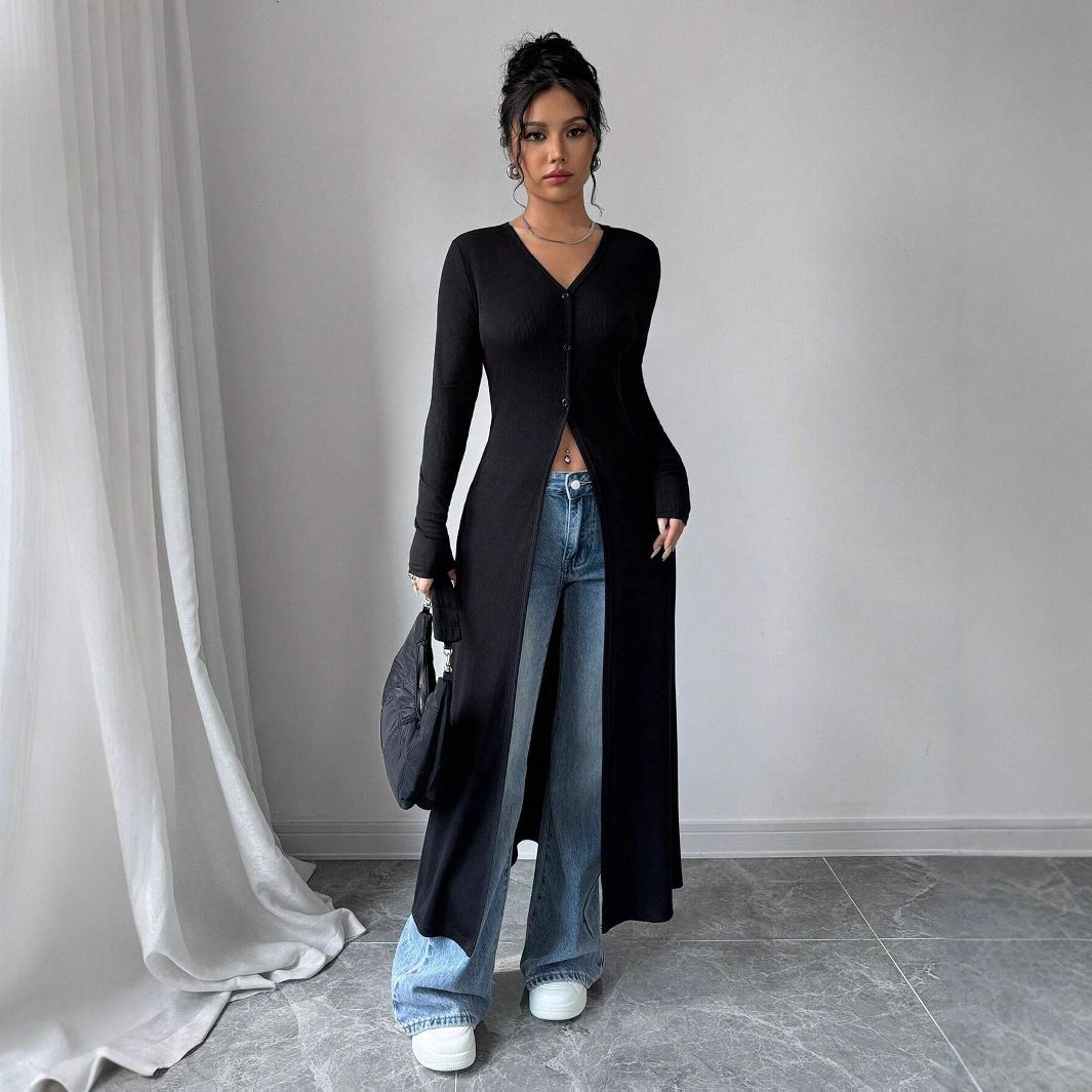 Women's Clothing Elegant Longline Button-Up Cardigan – Slim-Fit V-Neck Cover-Up For Women (Black/Navy)_ecoleips.com