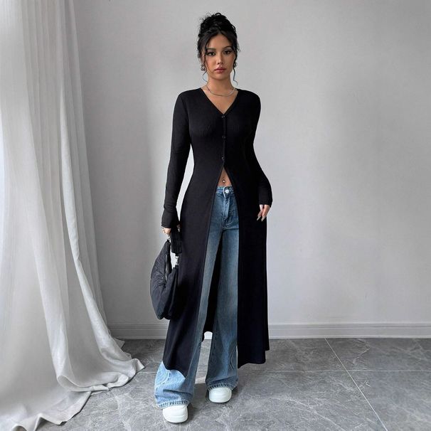 Women's Clothing Elegant Longline Button-Up Cardigan – Slim-Fit V-Neck Cover-Up For Women (Black/Navy)_ecoleips.com