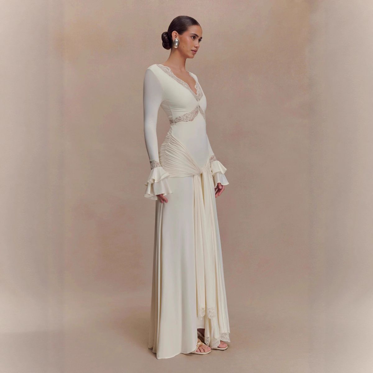 Women's French High End V Neck Lace Panel Flared Sleeve Ruched Tie Maxi Dress – Sexy Elegant Party Gown_ecoleips.com