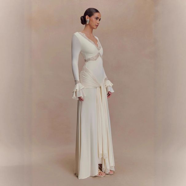 Women's French High End V Neck Lace Panel Flared Sleeve Ruched Tie Maxi Dress – Sexy Elegant Party Gown_ecoleips.com