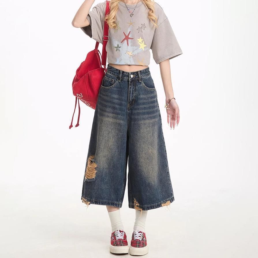 American Retro Washed Ripped Denim Cropped Men Women, High Street Frayed And Distressed Loose Straight-leg Capri Pants_ecoleips.com