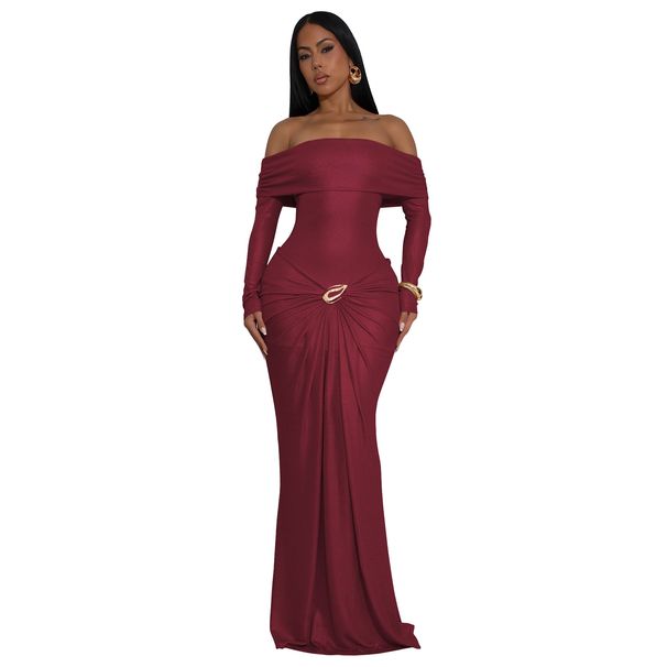 Women's Clothing One-Shoulder Metallic Mermaid Dress – Stretch Knit Bodycon Gown With High Slit (Champagne/Burgundy/Gold, S-XXL, Euro-US Glam Style)_ecoleips.com