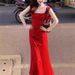 Vintage Style Red Spaghetti Strap For Women Summer V-neck Printed Slim Fit Waist Bodycon Mermaid Long Dress_ecoleips.com