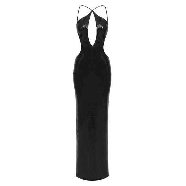 Women's Clothing High End New Nightclub Hollow Halter Backless Beaded Long Women's Dress_ecoleips.com