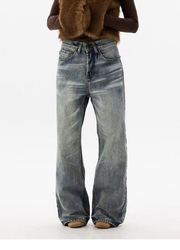 Unisex Distressed Slim Fit Wide Leg Jeans High Waisted Retro Straight Leg Cotton Pants For Autumn/Winter Casual Style_ecoleips.com