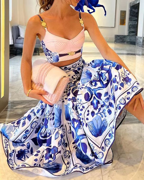 Women's Clothing Printed Halter Skirt Skirt Swing Dress Two-piece Set_ecoleips.com