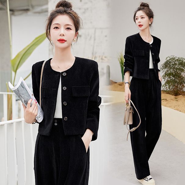 Women's Suit High-End Fashion Corduroy Two-Piece Set Autumn Wide Leg Pants Western Style_ecoleips.com