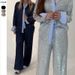 Women's Clothing Loose Casual Sequined Suit Jacket Wide Leg Pants Two Piece Suit_ecoleips.com