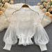 Women's Clothing Three Dimensional Flower Collage See Through Mesh Lantern Sleeve Slim Short Top Women's Lace Bottoming Shirt_ecoleips.com
