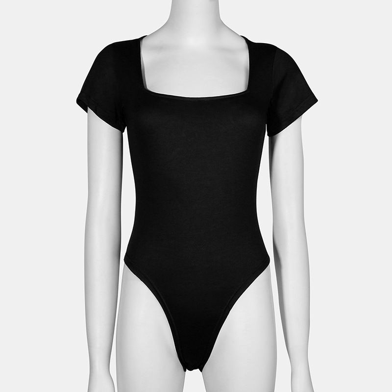 Square Neck Tight Onesie Solid Color Slim Fit Large Size Short Sleeve T-shirt Women's Jumpsuit High Waist Short_ecoleips.com