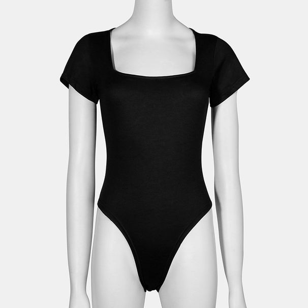 Square Neck Tight Onesie Solid Color Slim Fit Large Size Short Sleeve T-shirt Women's Jumpsuit High Waist Short_ecoleips.com