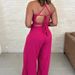 Women's Clothing Rose Red Halter Vest Set Waist Tie Wide Leg Pants_ecoleips.com