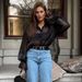 K New Design Sheer Black Mesh Shirt For Women; Fashionable, Loose, Bell-sleeved Blouse, Mid-length._ecoleips.com