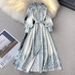Women's Clothing Spring And Autumn Retro Palace Style Lapel Lantern Sleeves Printed Dress Single Breasted Large Swing A Line Knee Length Dress_ecoleips.com