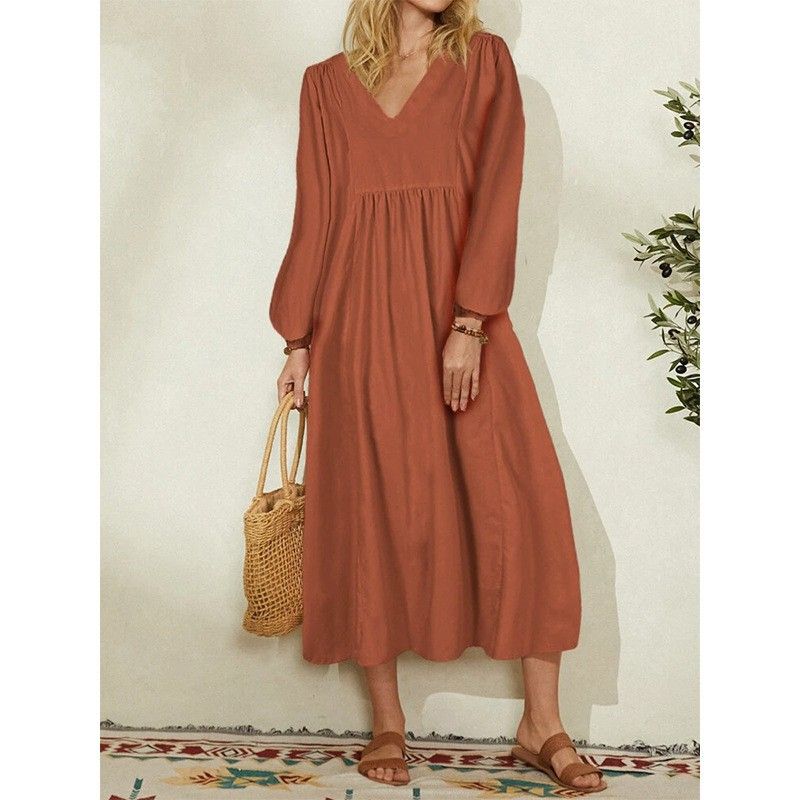 Women's Clothing Cotton And Linen Loose Lantern Sleeve Dress_ecoleips.com