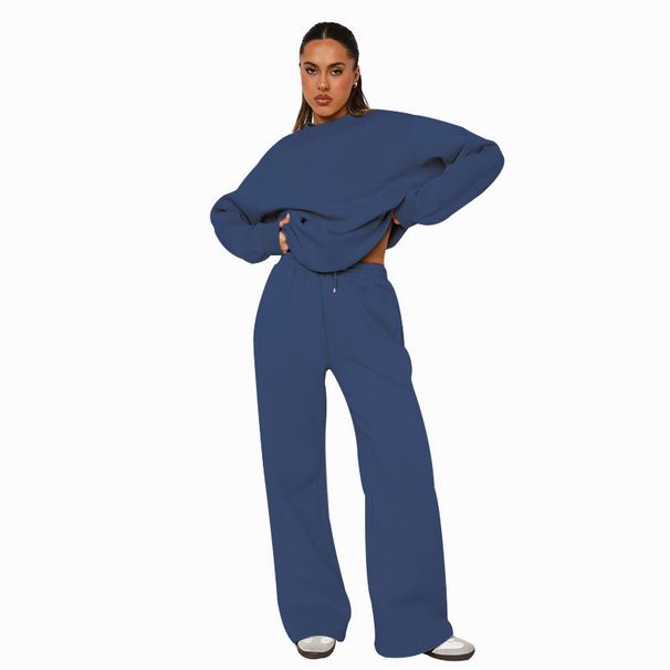 Women's Clothing Color Loose Long Sleeve Round Neck Women's Fashion Casual Wide Leg Pants Set_ecoleips.com