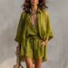 Women's Summer Casual Three Piece Set European And American Cross Border Foreign Trade Lapel Button down Cardigan Deep V Neck Vest Shorts_ecoleips.com