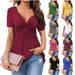 Elegant V-Neck Twist Front Short Sleeve Blouse | Stretchy Polyester Spandex Pullover Top For Women's Casual & Office Wear_ecoleips.com