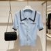 Women's Blue Collared Short Sleeved T-Shirt Color Block Knitwear Spring Summer Fashion Top_ecoleips.com