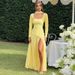 Foreign Trade Women's 2025 Autumn Fashion Sexy Color-Block U-Neck Solid Color Slit Long Sleeve Dress Wholesale_ecoleips.com