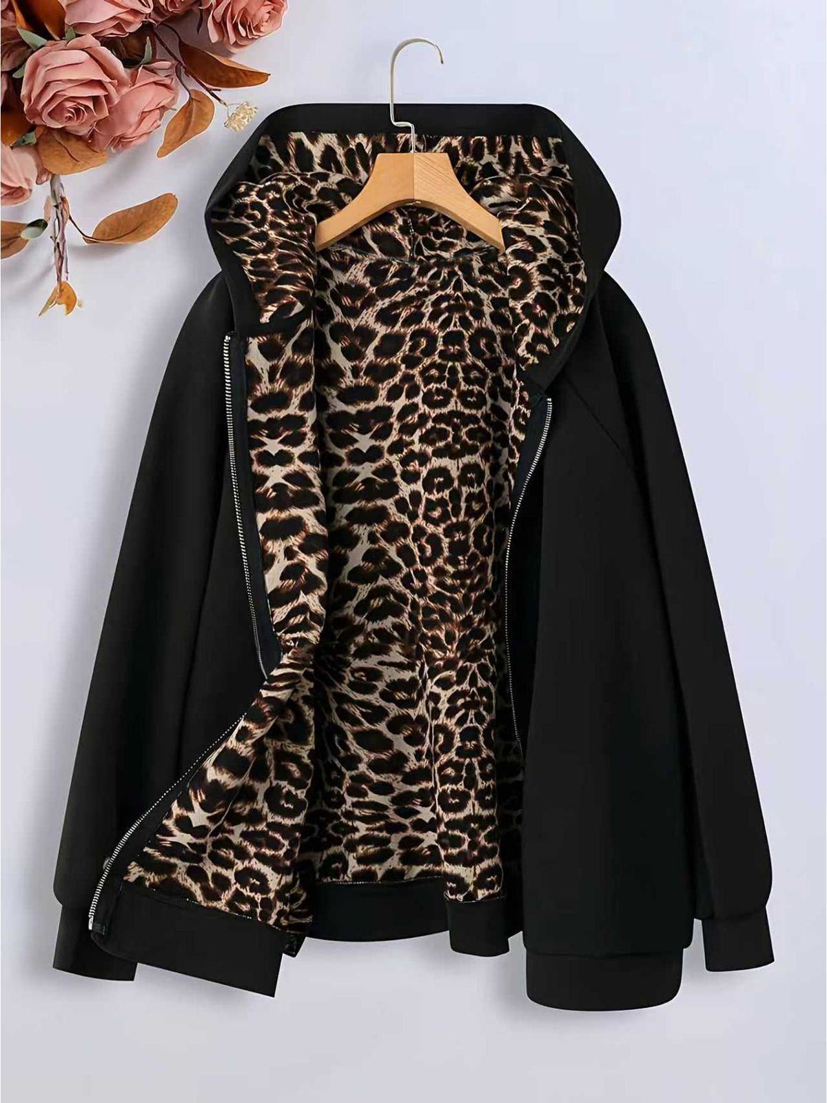Leopard Print Zip-Up Hoodie – Oversized Fleece Jacket With Drop Shoulder_ecoleips.com