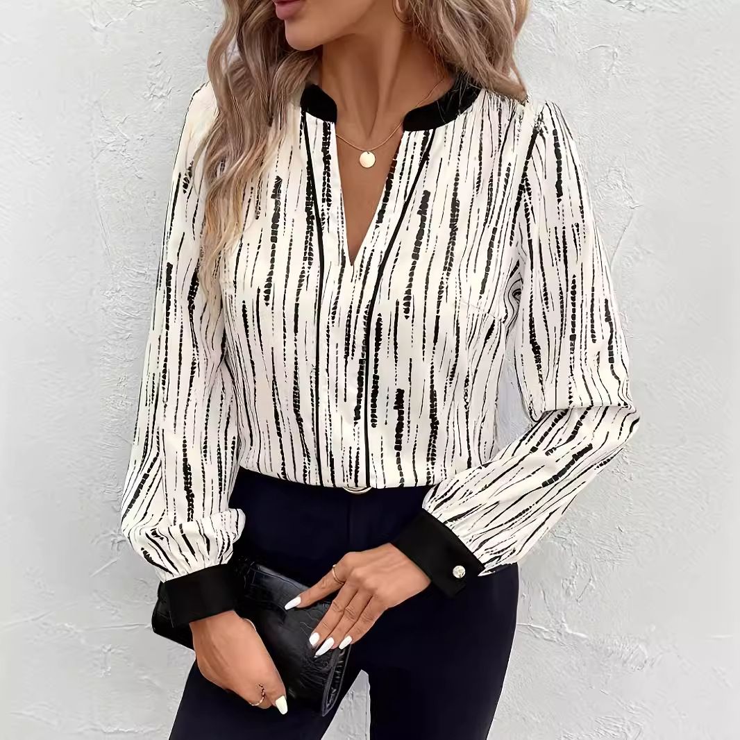 Elegant Black Striped Women's Shirt V Neck Long Sleeves Casual Fashion Top For Spring Summer Autumn_ecoleips.com