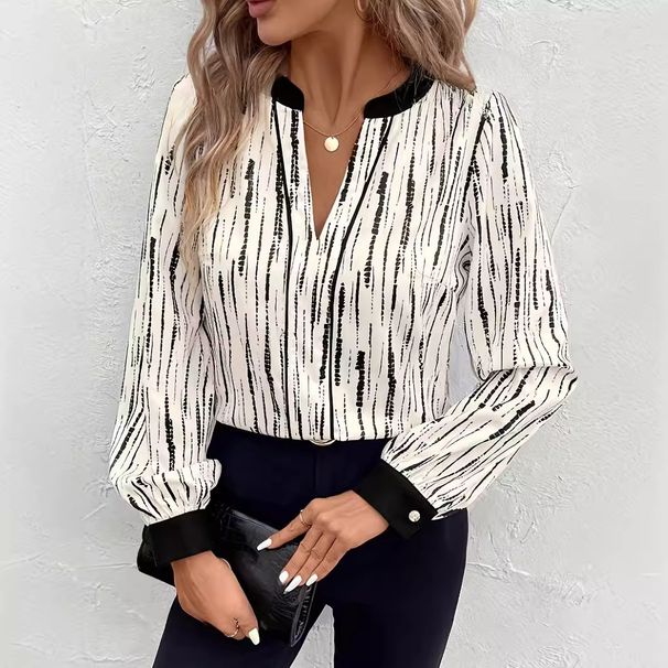 Elegant Black Striped Women's Shirt V Neck Long Sleeves Casual Fashion Top For Spring Summer Autumn_ecoleips.com