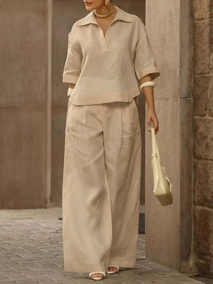 Women's New Style Casual Loose Fitting High End Two Piece Set Shirt Collar_ecoleips.com