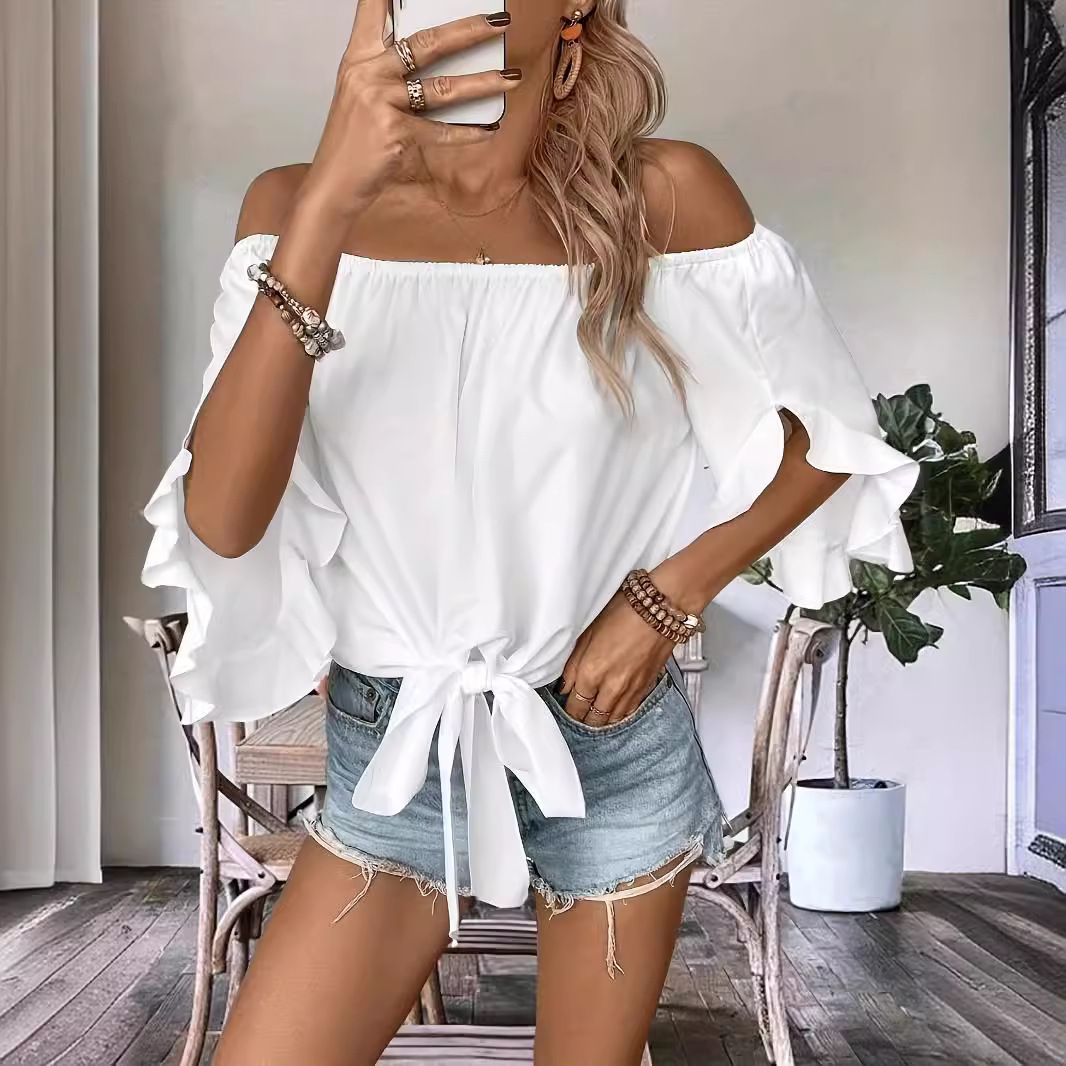 Women's Off-Shoulder Top European American Style Cross-Border Fashion Bell Sleeves Three Quarter Length Casual Tie-Up Bow Loose Fit_ecoleips.com