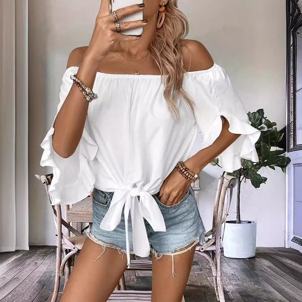 Women's Off-Shoulder Top European American Style Cross-Border Fashion Bell Sleeves Three Quarter Length Casual Tie-Up Bow Loose Fit_ecoleips.com