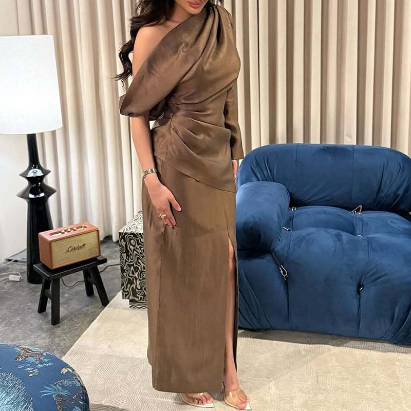 Unique Solid Hollow Off Shoulder Evening Dress New Autumn Long Sleeved Women Banquet Dress Casual High Waist Split A-line Dress_ecoleips.com