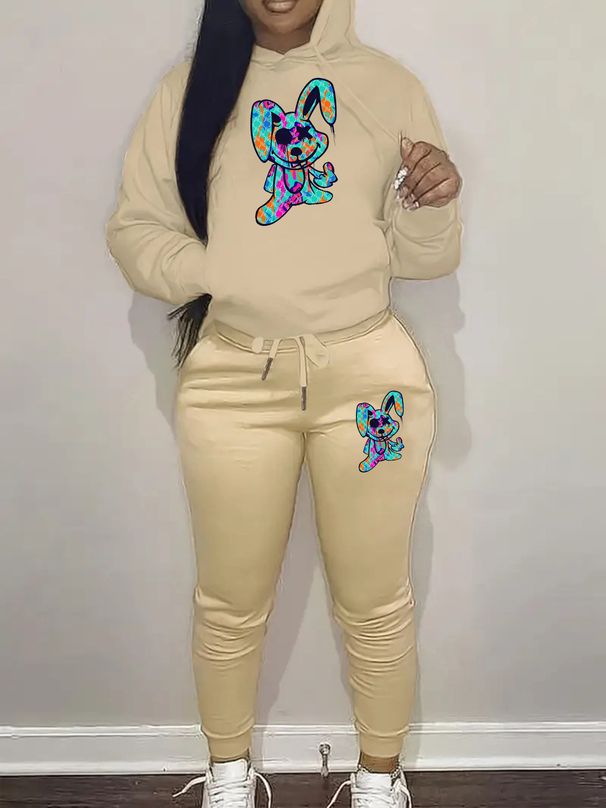 Women's Fashionable Casual Street Dance Sweatshirt And Pants Set Rabbit Print Warm Hooded Top plus Matching Bottoms for Autumn Winter_ecoleips.com